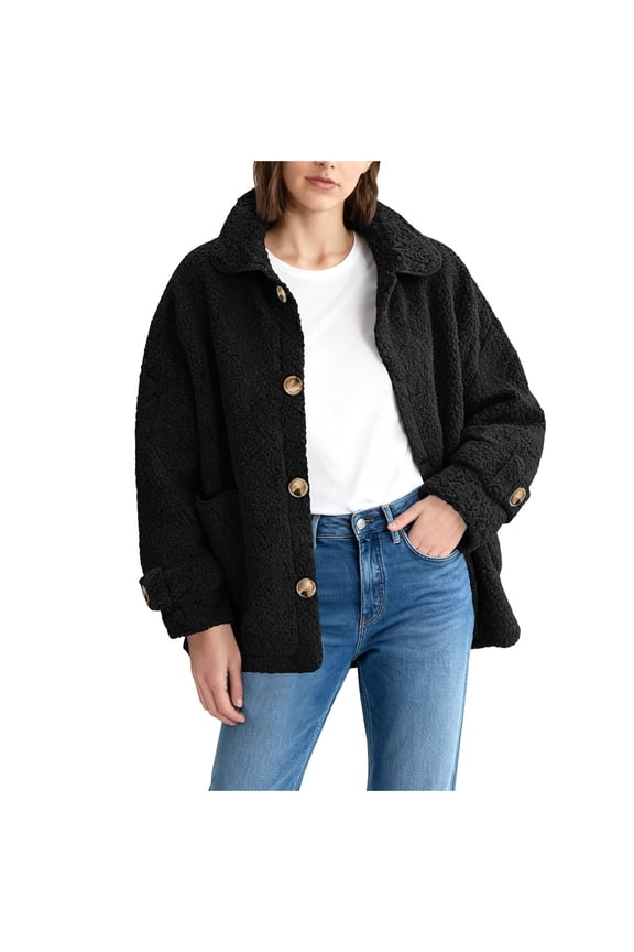 Women's Fuzzy Fleece Coats Winter Solid Color Pocket Lamb Wool Button Lapel Collar Thermal Coat for Daily Wear Black S
