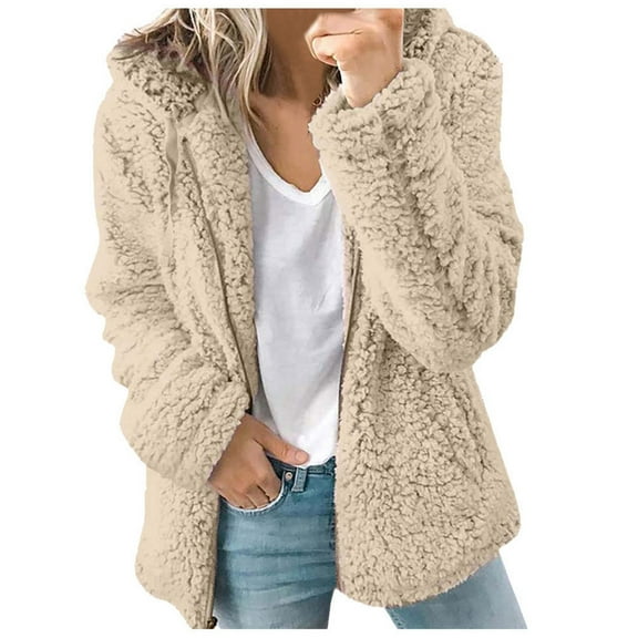 MaFYtyTPR Women's Fuzzy Fleece Jacket Fashion Womens Warm Faux Coat Winter Zipper Solid Long Sleeve Outerwear Khaki L