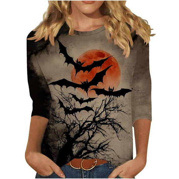 MaFYtyTPR Halloween Top for Women Ladies' Fashion Halloween Printed Round Neck 3/4 Sleeve Loose T-shirt Tops