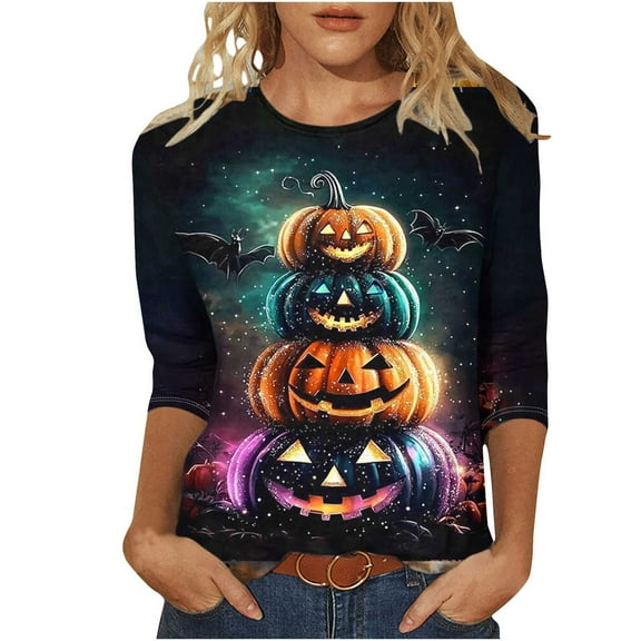 MaFYtyTPR Halloween Top for Women Ladies' Fashion Halloween Printed Round Neck 3/4 Sleeve Loose T-shirt Tops