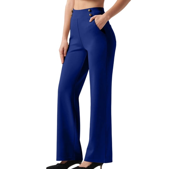 MaFYtyTPR Women's High Waist Work Pants Wide Leg Solid Color Dress Pants with Decorative Buttons and Pockets for Office Wear A-Blue M