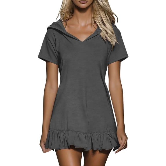 MaFYtyTPR Women's Hooded Mini Dress Trendy V-Neck Casual Short Sleeve Ruffle Hem Textured Loose Fit Summer Beach Dresses for Women A-Dark Gray S