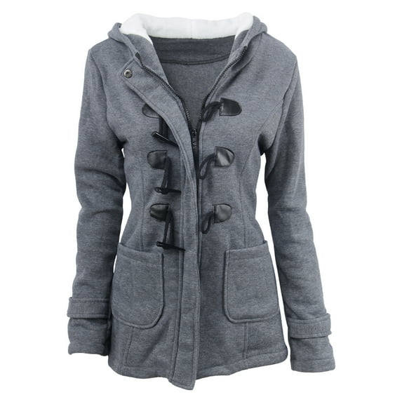 MaFYtyTPR Women's Hooded Overcoat Fashion Solid Color Horn Buttons Cardigan Padded Thermal Pocket Coat Tops Dark Gray XXXXL