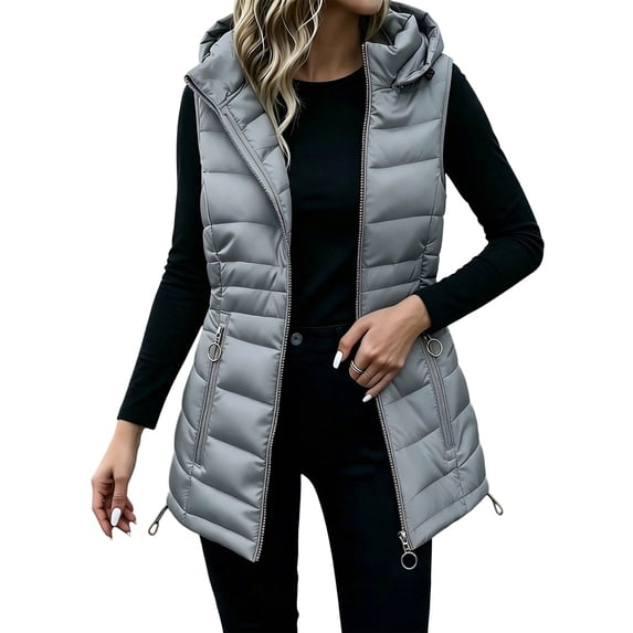 MaFYtyTPR Women's Hooded Puffer Vest Mid Length Full Zip Sleeveless Jacket with Zipper Pockets Fall Winter Warm Down Waistcoat A-Dark Gray L