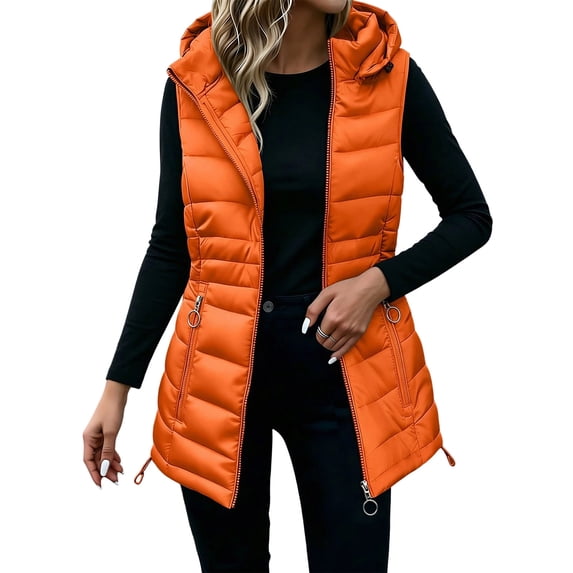 MaFYtyTPR Women's Hooded Puffer Vest Mid Length Full Zip Sleeveless Jacket with Zipper Pockets Fall Winter Warm Down Waistcoat A-Orange S