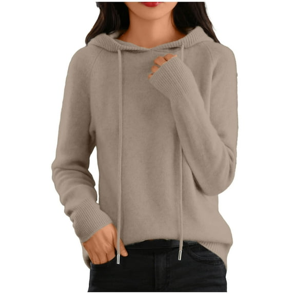 MaFYtyTPR Women's Hooded Sweater Winter Long Sleeved Knitted Outerwear Hoodie Drawstring Casual Pullover Sweaters Coffee XXL