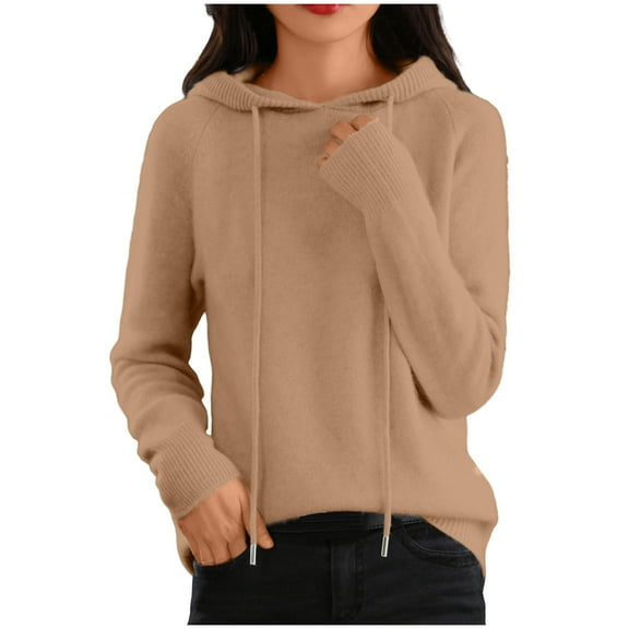 MaFYtyTPR Women's Hooded Sweater Winter Long Sleeved Knitted Outerwear Hoodie Drawstring Casual Pullover Sweaters Khaki L