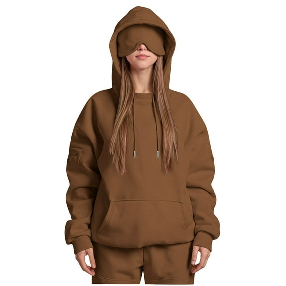 MaFYtyTPR Women's Hooded Sweatshirts With Eye Mask Fashion Solid Color Pullover Hoodie with Pocket for Women Travel Sleep Dark Brown XL