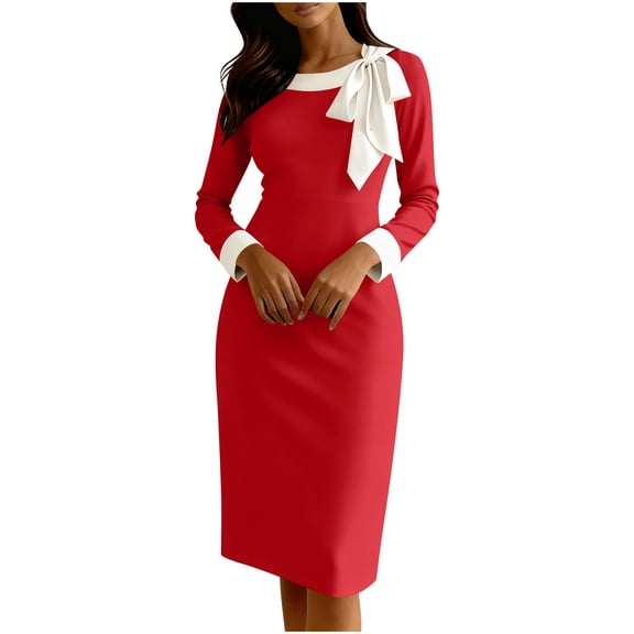 MaFYtyTPR Women's Knee Length Dress Fashion Slim Bow Bag Hip Contrast Long Sleeve Round Neck Temperament Dresses Red XL