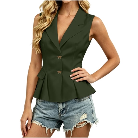MaFYtyTPR Women's Lapel Sleeveless Blazer Metal Button Slim Fit V-Neck Solid Waistcoat Vest For Daily Casual Office Wear A-Army Green L