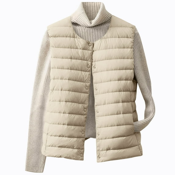 MaFYtyTPR Women's Lightweight Waistcoat Fashion Winter Solid Color Warm Short Style Button Vest Down Coat with Pocket Beige L