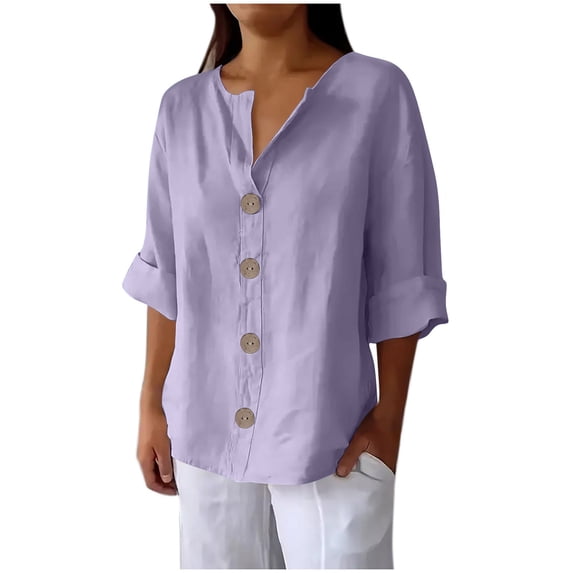 MaFYtyTPR Women's Linen 3/4 Sleeve Tops Solid Color V-neck Three Quarter Sleeve Loose Shirts With Decorative Buttons Purple XXL