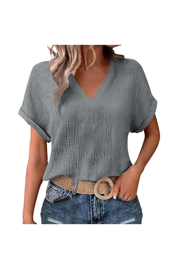 Women's Linen V-Neck Shirts Fashionable Loose Short Sleeved Double-layer Pleated Solid Color Top Casual T-shirt A-Gray M
