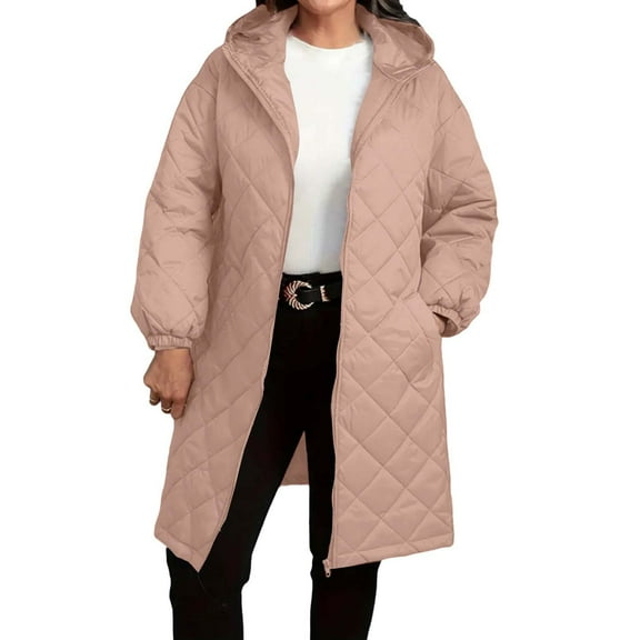MaFYtyTPR Women's Casual Jacket Fashion Hooded Solid Color Loose And Thick Windproof Pockets Zipper Long Style Down Jackets Pink L
