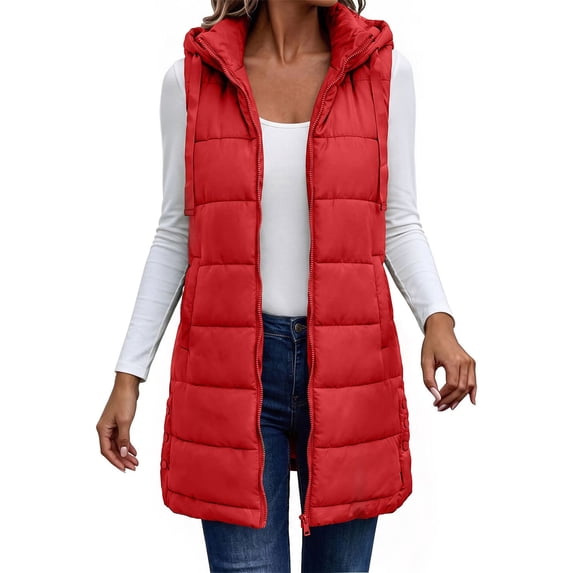 MaFYtyTPR Women's Long Puffer Vest Hooded Quilted Zip Up Sleeveless Jacket with Pockets Winter Lightweight Padded Warm Waistcoats