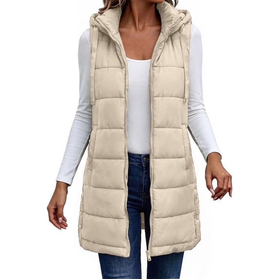 MaFYtyTPR Women's Long Puffer Vest Hooded Quilted Zip Up Sleeveless Jacket with Pockets Winter Lightweight Padded Warm Waistcoats