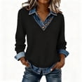 thumbnail image 1 of MaFYtyTPR Women's Long Sleeve Shirts Solid Color Casual Lapel Button Denim Splicing Pullover Sweatshirt Tops Black L, 1 of 5