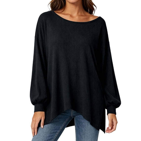 MaFYtyTPR Women's Long Sleeve Tops Casual Loose Round Neck Off-Shoulder Bloues Fall Lightweight Pullover Shirts Black L