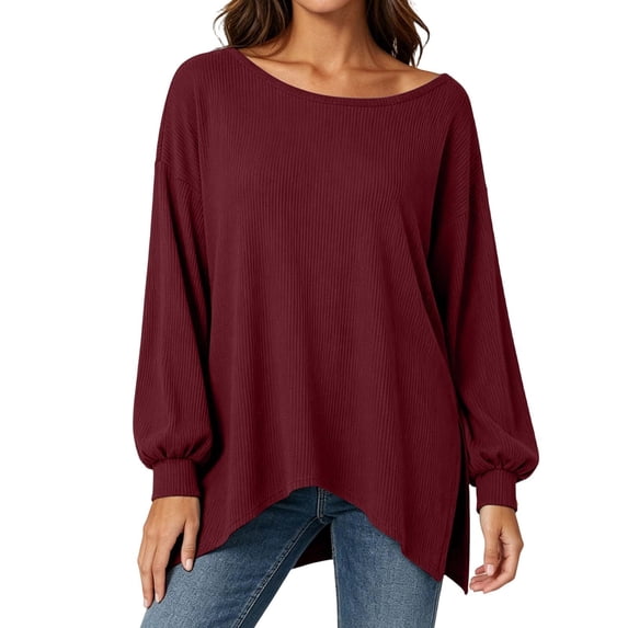 MaFYtyTPR Women's Long Sleeve Tops Casual Loose Round Neck Off-Shoulder Bloues Fall Lightweight Pullover Shirts Wine L