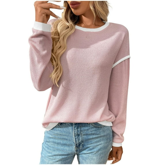 MaFYtyTPR Women's Long Sleeve Tops Fall Winter Fashion Round Neck Stitching Solid Color Leisure Blouses