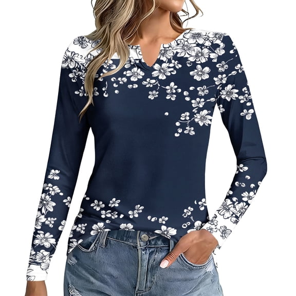 MaFYtyTPR Women's Long Sleeved Top Fashion Casual Printed Floral Small V-neck Loose T-Shirts for Women Navy L