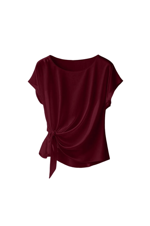 Women's Loose Ruched Satin Summer Tops Fashion Solid Color Tie Front Crew Neck Batwing Sleeve Blouse A-Wine L