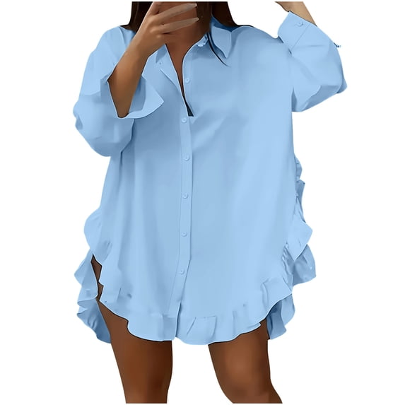 MaFYtyTPR Women's Loose Ruffle Hem Shirt Ladies Casual Solid Color Long Sleeved Lapel Pullover Comfy Bloues Tops