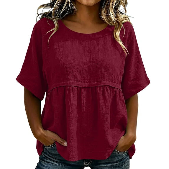 MaFYtyTPR Women's Loose Short Sleeve Top Fashion Solid Color Crew Neck Casual Summer Blouse for Daily Wear Z-Wine XL