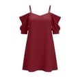 thumbnail image 1 of MaFYtyTPR Women's Mini Dress 2026 Fashion Ladies Casual Solid Color Ruffle Strap Off The Shoulder Short Dresses A-Wine S, 1 of 5