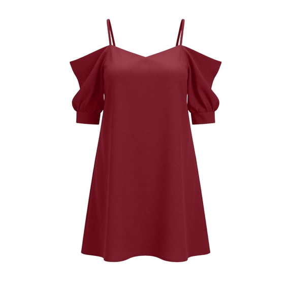 MaFYtyTPR Women's Mini Dress 2026 Fashion Ladies Casual Solid Color Ruffle Strap Off The Shoulder Short Dresses A-Wine S