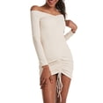 thumbnail image 1 of MaFYtyTPR Women's Mini Dress Fashion Off-the-Shoulder Long Sleeve Ruched Drawstring Slim Solid Color Dresses Beige S, 1 of 5