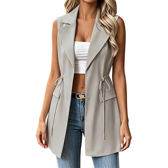 MaFYtyTPR Women's Open Front Sleeveless Blazer Mid Length Style Vest with Drawstring Waist and Pockets For Business Casual Daily Wear A-Gray XXXL