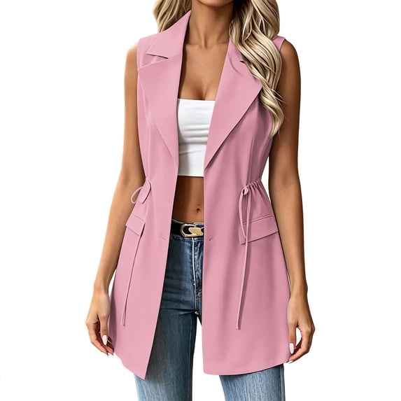 MaFYtyTPR Women's Open Front Sleeveless Blazer Mid Length Style Vest with Drawstring Waist and Pockets For Business Casual Daily Wear A-Pink XL
