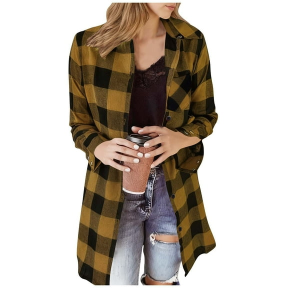 MaFYtyTPR Women's Casual Shirts Trendy Plaid Printed Long Sleeve Hoodless Button Pocket Casual Outwear Tops Yellow L