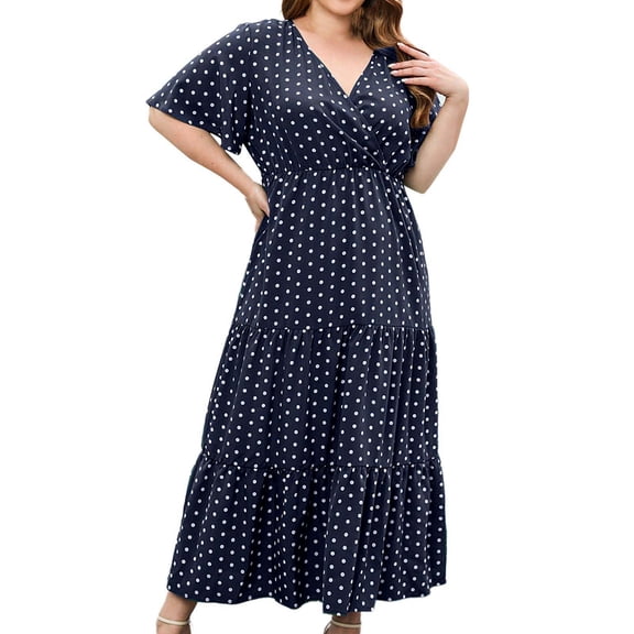 MaFYtyTPR Women's Plus Size Polka Dots Dress Summer Fashion V-Neck Short Sleeve Pleated Long Dresses Blue XXXL