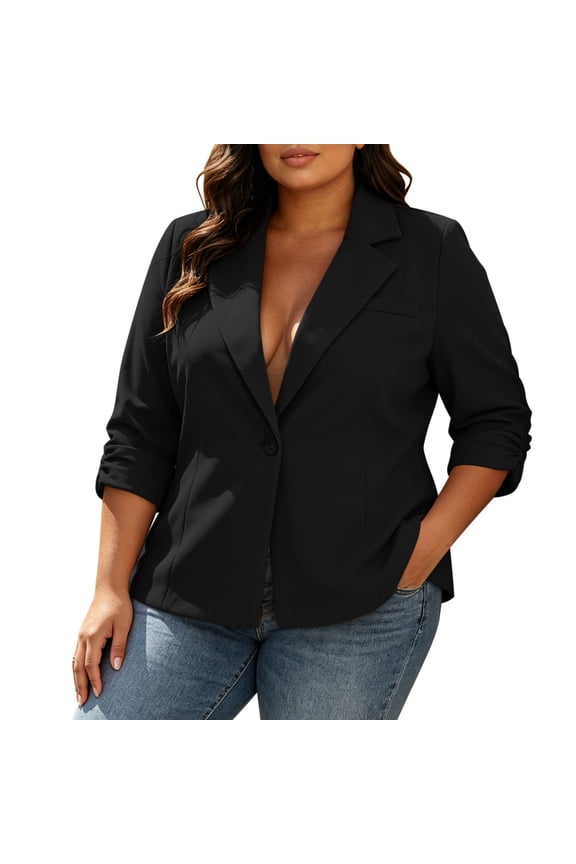 Women's Plus Size Suit Jacket Lapel Button Pleated Ruffled Three-Quarter Sleeve Blazer for Casual Office A-Black L
