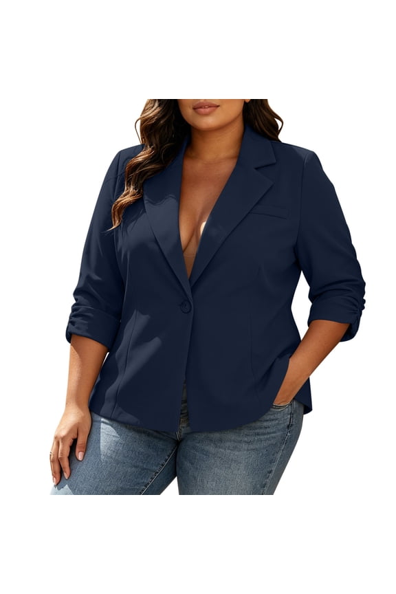 Women's Plus Size Suit Jacket Lapel Button Pleated Ruffled Three-Quarter Sleeve Blazer for Casual Office A-Navy XL