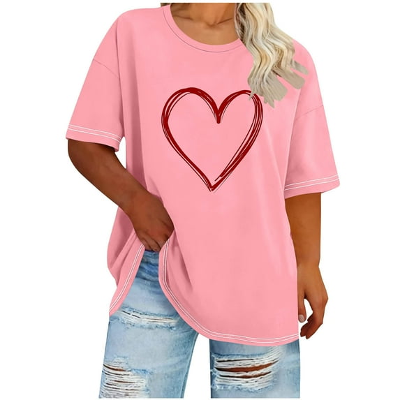 MaFYtyTPR Women's Printed Tops Plus Size Summer Heart Printing Round Neck Short Sleeve Base Layer T-Shirt Pink XXL