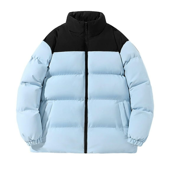 MaFYtyTPR Women's Puffer Coats Fashionable Colorblock Zippered Stand-Up Collar Double Pocket Long Sleeve Casual Parkas Sky Blue XXXXXL