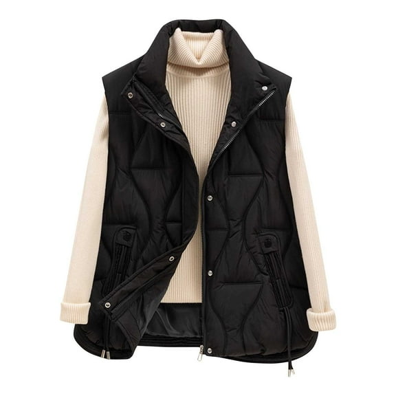 MaFYtyTPR Women's Puffer Waistcoat Casual Solid Color Sleeveless Stand Collar Zipper Warm Gilet Jacket with Pockets Black L