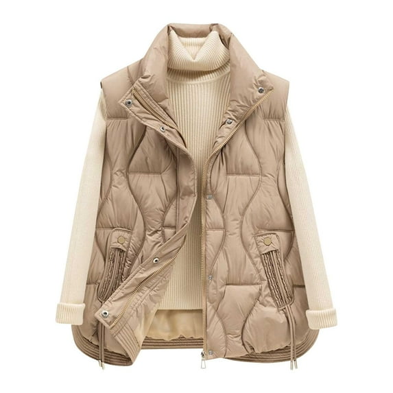 MaFYtyTPR Women's Puffer Waistcoat Casual Solid Color Sleeveless Stand Collar Zipper Warm Gilet Jacket with Pockets Khaki XL