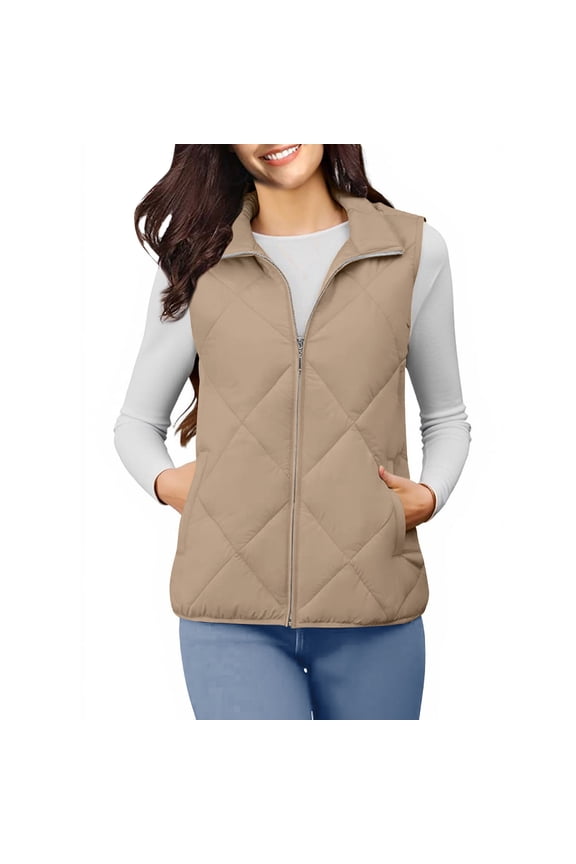Women's Puffer Waistcoat Fashion Sleeveless Lapel Zipper Warm Bottoming Pocket Cotton-padded Vest Coats Khaki L