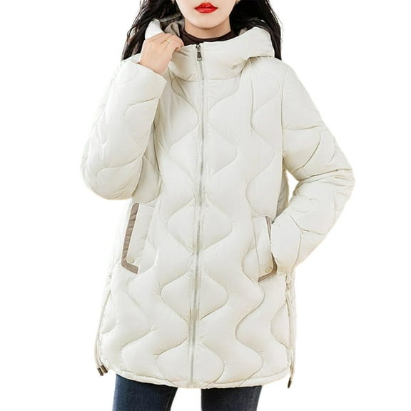 MaFYtyTPR Women's Puffy Jackets Casual Winter Long Puffer Hooded Long Sleeve Lightweight Coat With Pockets Beige L