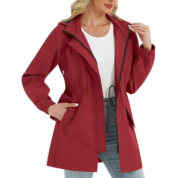 MaFYtyTPR Women's Rain Jacket Ladies Outdoor Solid Color Waterproof Drawstring Pocket Outwear Wine XL
