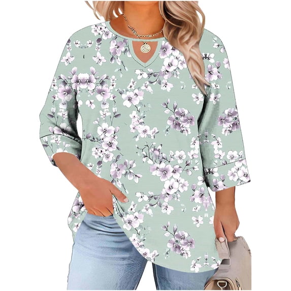 MaFYtyTPR Women's Retro Printed Shirts Plus Size Casual Linen Ruffled Crewneck Top Three-Quarter Sleeve Oversize T-Shirt With Front Cutout A-Light Blue XXXXXL