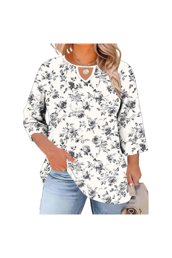 Women's Retro Printed Shirts Plus Size Casual Linen Ruffled Crewneck Top Three-Quarter Sleeve Oversize T-Shirt With Front Cutout A-White XXL