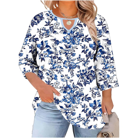 MaFYtyTPR Women's Retro Printed Shirts Plus Size Casual Linen Ruffled Crewneck Top Three-Quarter Sleeve Oversize T-Shirt With Front Cutout A-Navy XXL