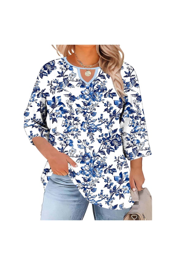 Women's Retro Printed Shirts Plus Size Casual Linen Ruffled Crewneck Top Three-Quarter Sleeve Oversize T-Shirt With Front Cutout A-Navy XXL