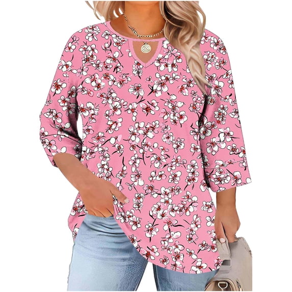 MaFYtyTPR Women's Retro Printed Shirts Plus Size Casual Linen Ruffled Crewneck Top Three-Quarter Sleeve Oversize T-Shirt With Front Cutout A-Pink L