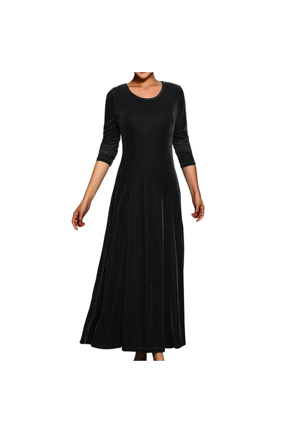 Women's Round Neck Velvet Long Sleeve Maxi Dress Cocktail Party A-Line Dress Elegant Formal Dress Black S
